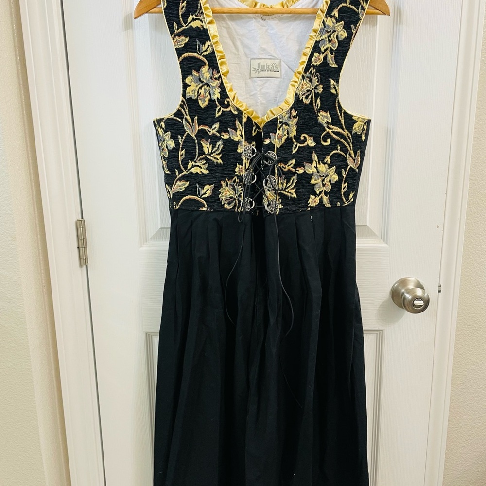 Black Strapless Dress with Gold Floral Embroidered Bodice